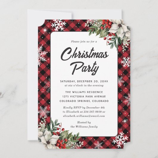 Invitation Red Plaid Holly Berries Poinsettia Christmas Party (Devant)