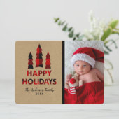 Invitation Red Plaid Joyeuses Fêtes de Noël Arbres Kraft (Debout devant)