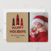 Invitation Red Plaid Joyeuses Fêtes de Noël Arbres Kraft (Devant)