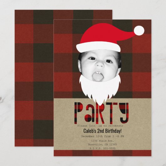 Invitation Red Plaid Noël Père Noël Face Photo Fête (Devant / Derrière)