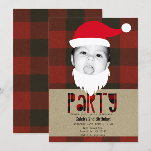 Invitation Red Plaid Noël Père Noël Face Photo Fête