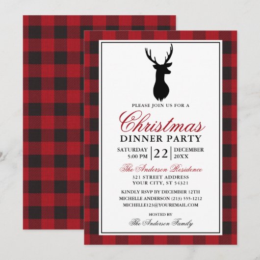 Invitation Red Plaid Russe Noël Diner Party (Devant / Derrière)