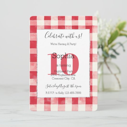 Invitation Red Plaid Stripes 10th Birthday (Debout devant)