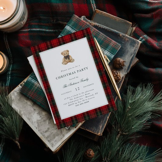 Invitation Red Plaid Teddy Bear Christmas Party