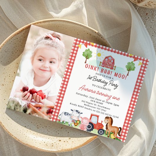 Invitation Red Plaid Tracteur Animaux de ferme Anniversaire