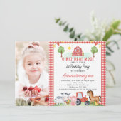 Invitation Red Plaid Tracteur Animaux de ferme Anniversaire (Debout devant)