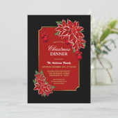 Invitation Red Poinsettia Black Border Dîner de Noël (Debout devant)