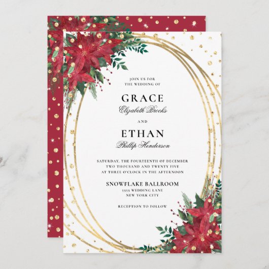 Invitation Red Poinsettia Gold Parties scintillant Mariage de (Devant / Derrière)