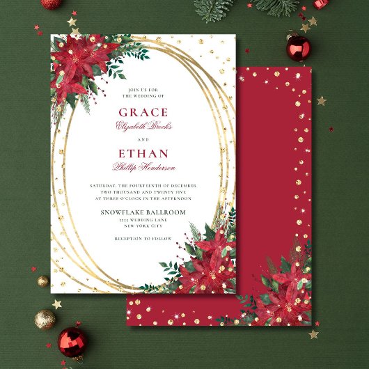 Invitation Red Poinsettia Gold Parties scintillant Mariage de
