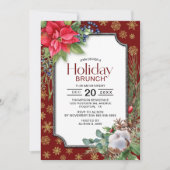Invitation Red Poinsettia Gold Snowflakes Brunch de vacances (Devant)