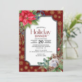 Invitation Red Poinsettia Gold Snowflics Dîner de vacances (Debout devant)