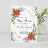 Invitation Red Poinsettia Holly Maison ouverte de Noël (Debout devant)