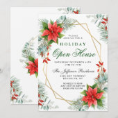 Invitation Red Poinsettia Holly Maison ouverte de Noël (Devant / Derrière)