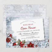Invitation Red Poinsettia Holly Maison ouverte de Noël (Devant / Derrière)