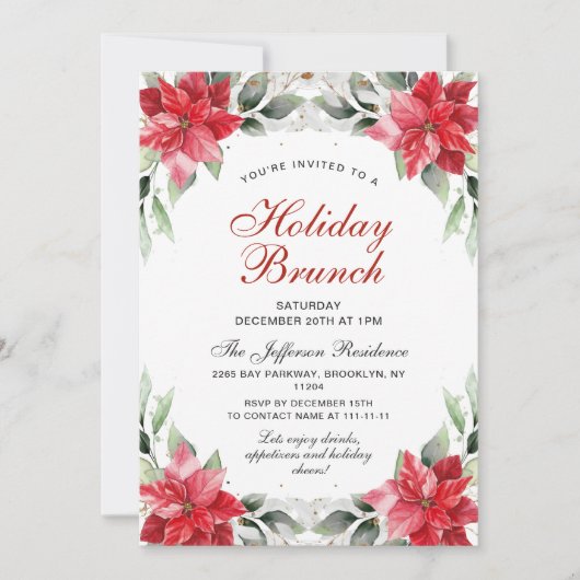 Invitation Red Poinsettia Holly Noël Brunch (Devant)