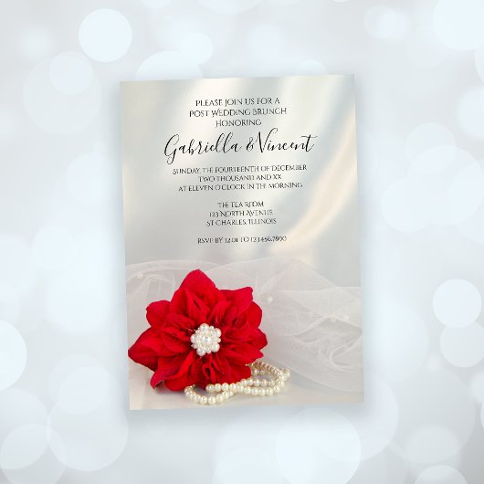 Invitation Red Poinsettia Pearls Hiver Post Mariage Brunch