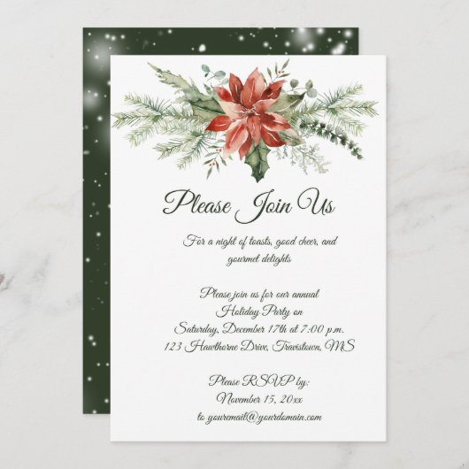 Invitation Red Poinsettia Pine Snowflakes Noël fête Inv. (Devant / Derrière)