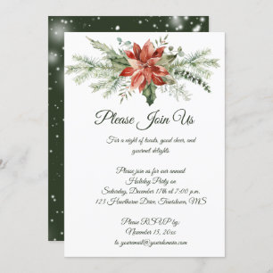 Invitation Red Poinsettia Pine Snowflakes Noël fête Inv.
