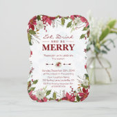 Invitation Red Poinsettia Snowflakes Mangez Boire et soyez Jo (Debout devant)