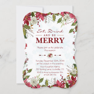 Invitation Red Poinsettia Snowflakes Mangez Boire et soyez Jo