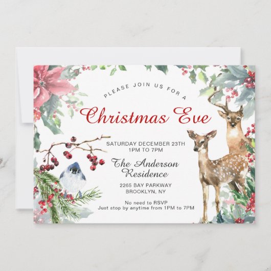Invitation Red Poinsettia Wreath Deer & Bird Christmas Eve (Devant)