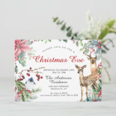 Invitation Red Poinsettia Wreath Deer & Bird Christmas Eve (Debout devant)