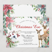 Invitation Red Poinsettia Wreath Deer & Bird Christmas Eve (Devant / Derrière)