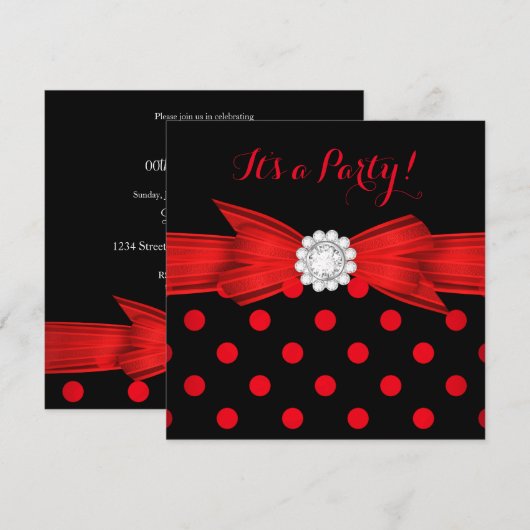 Invitation Red Pois Diamond Bow Black Party (Devant / Derrière)
