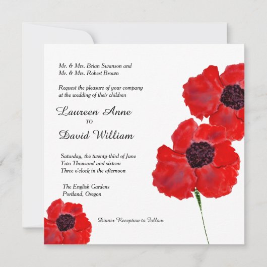 Invitation Red Poppies Aquarelle Couleur Personnalisée Mariag (Devant)