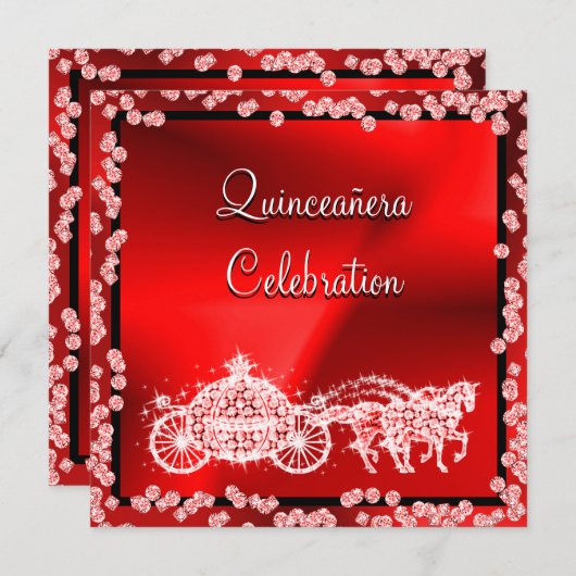 Invitation Red Princess Coach & Horses Quinceañera (Devant / Derrière)