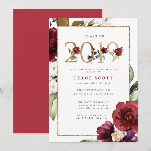 Invitation Red Purple Gold Floral 2019 Graduation Party (Devant / Derrière)