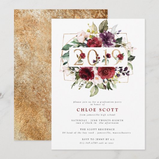 Invitation Red Purple Gold Floral 2019 Graduation Party (Devant / Derrière)