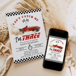 Invitation Red Race car Cant me attraper Garçon 3e anniversai