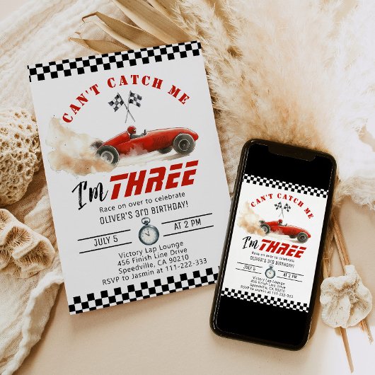 Invitation Red Race car Cant me attraper Garçon 3e anniversai