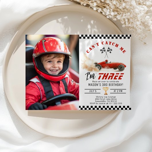 Invitation Red Race car Cant me attraper garçon Photo 3e anni