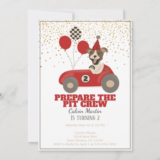 Invitation Red Race Car Chiens Boys Deuxième fête d'anniversa (Devant)