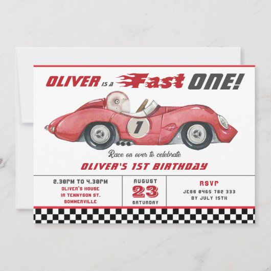 Invitation Red Race Car Fast One 1er fête d'anniversaire (Devant)