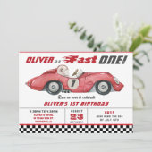 Invitation Red Race Car Fast One 1er fête d'anniversaire (Debout devant)