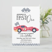 Invitation Red Race car FAST ONE Birthday invition (Debout devant)