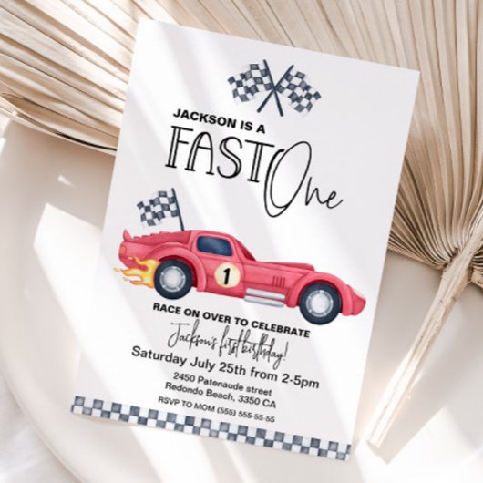 Invitation Red Race car FAST ONE Birthday invition