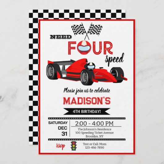 Invitation Red Race Car Need Four Speed Birthday Party (Devant / Derrière)