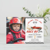 Invitation Red Race Car n'importe quel âge Garçon Photo Anniv (Debout devant)