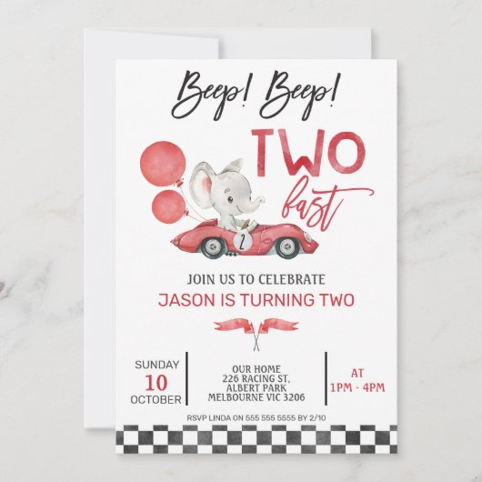 Invitation Red Racing Car Ballons Elephant 2e anniversaire (Devant)