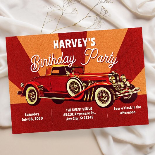 Invitation Red retro classic car birthday