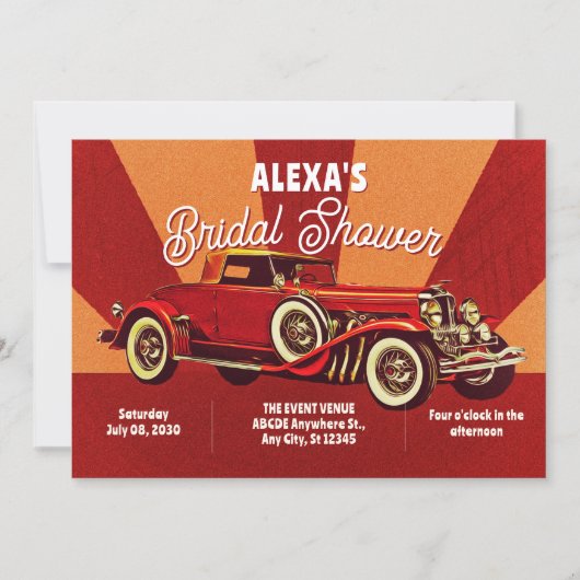 Invitation Red retro classic car bridal shower (Devant)