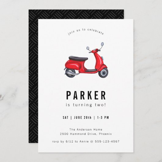 Invitation Red Retro Scooter thème Anniversaire (Devant / Derrière)