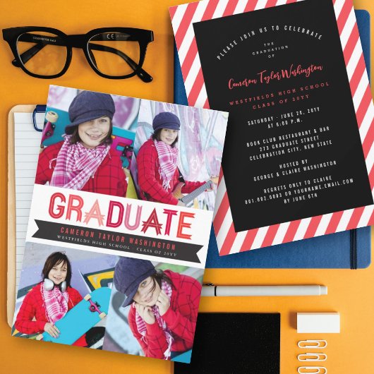 Invitation Red Ribbon Graduate Photo Party