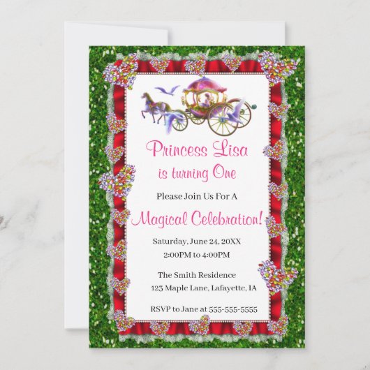 Invitation Red Ribbon Green Parties scintillant Royal Princes (Devant)