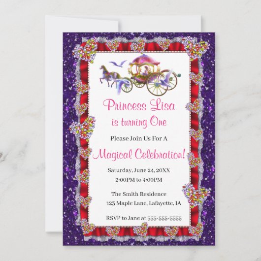 Invitation Red Ribbon Purple Parties scintillant Royal Prince (Devant)