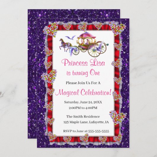 Invitation Red Ribbon Purple Parties scintillant Royal Prince (Devant / Derrière)